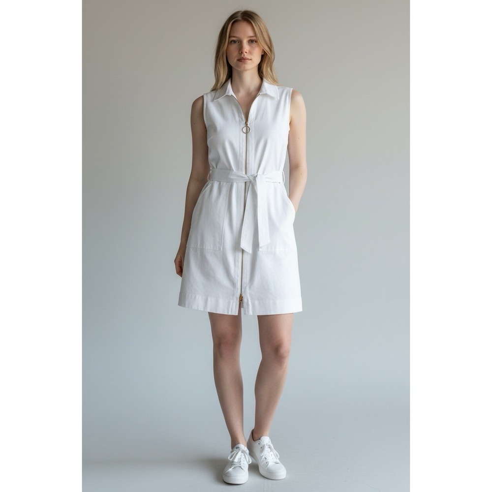 Sharagano Women's Size 12 White Zip Front Belted Sleeveless Dress NWT